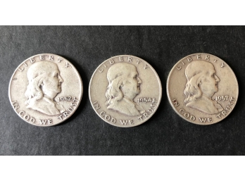 3 Silver Benjamin Franklin Half Dollars 1952, '54, '57