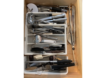 KITCHEN DRAWER FILLED WITH CHEF KNIVES, SPATULAS, ETC
