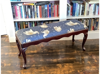 QUEEN ANNE STYLE MAHOGANY BENCH W ELEPHANT UPHOLSTERY