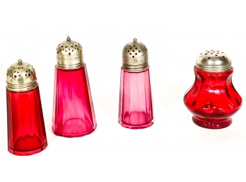 FOUR VICTORIAN CRANBERRY GLASS SHAKERS