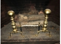 PAIR OF BRASS CANONBALL ANDIRONS, TOOLS & FENDER