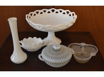 376. Dealers Lot Milk Glass Inc. Candy Dish - Vase Etc. (5)