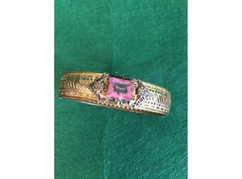 Antique Filagree Pink Stone Hinged Bangle Bracelet