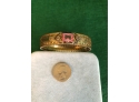 Antique Filagree Pink Stone Hinged Bangle Bracelet