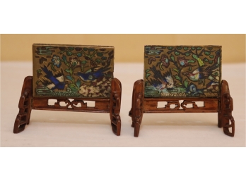 Pair Of OLD Chinese Brass Enamel Pieces On Wood Stands