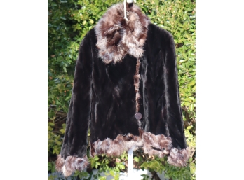 Sheared Mink Fur Coat With Silver Fox W/ Scalloped Trim Size M