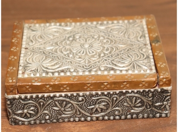 Ornate Wood And Metal Velvet Lined Trinket Box