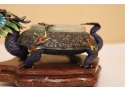 Old Chinese Cloisonne Dragon Figurine With Jade Trim On Wood Base  Ashtray Incense Burner