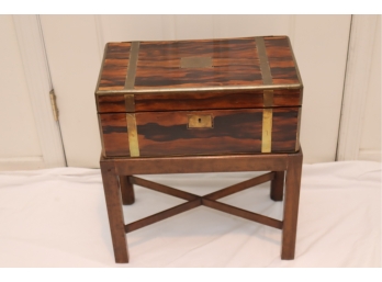 Antique 1870 Wood Campaign Writing Sloped Desk Traveling Box W/ Secret Drawers Brass Inlay With Stand