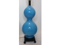 Vintage Blue Glass Jonathan Adler'Like' Table Lamp With Barrel Shade Metal Base