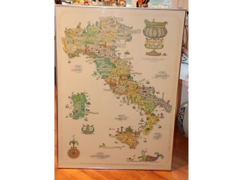 Vintage Framed ITALIAN WINES AND REGIONS OF ITALY ORIGINAL POSTER 1970 35x30'