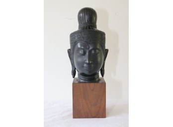 Vintage Buddha Head On Wood Block