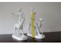 Vintage Pair Of Art Deco White Porcelain Sculptures By Augarten Man And Woman With Dogs