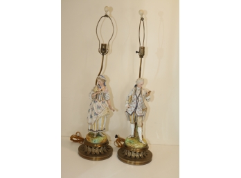 Pair Of Antique Victorian Porcelain Man Woman Lamps With Silk Lampshades