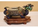 Old Chinese Cloisonne Dragon Figurine With Jade Trim On Wood Base  Ashtray Incense Burner