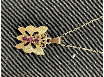 14 K Gold Butterfly Charm Necklace Amethyst Stones