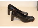 Gucci Black Leather With Red Stitching Chunky High Heel Loafers Size 9B