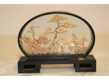 Vintage Chinese Carved Cork Diorama Scene Under Glass Pagoda Storks
