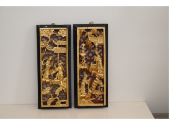 Pair Of Chinese Carved Wall Plaques Decor Art