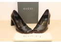 Gucci Black Leather With Red Stitching Chunky High Heel Loafers Size 9B