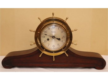 Vintage Waterbury Brass Ships Wheel Mantle Clock On Wooden Base