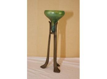 Old Green Glass 'Bowl' On Bronze Stand