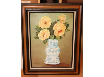 Vintage Framed Flowers In Vase Painting Signed DEG