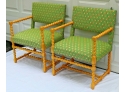 Pair Of Vintage Yellow Lacquer Occasional Twisty Arm Chair Retro Green Fabric