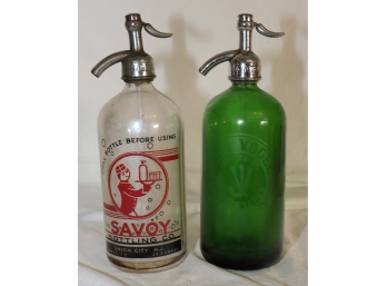 Pair Of Vintage Green And Clear Seltzer Soda Bottles