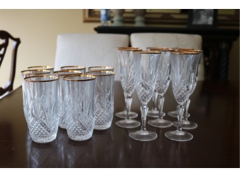 Set Of 16 Crystal Gold Rim Glasses Water Champagne Glassware