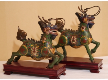 Pair Of Old Antique Cloisonne Dragon On Wood Bases