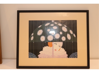 Vintage Framed Picture Woman With Flower Umbrella In Rain