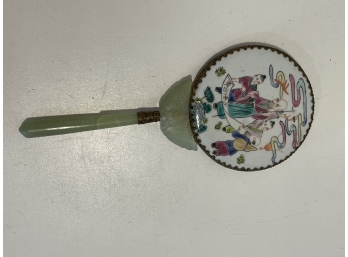 Vintage Chinese Hand Mirror Porcelain Back With Jade Handle (Broken)