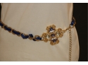 Gold And Blue Silk Metal Jeweled Belt
