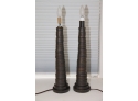 Pair Of Bronze Stacked Disk Table Lamps W Shades