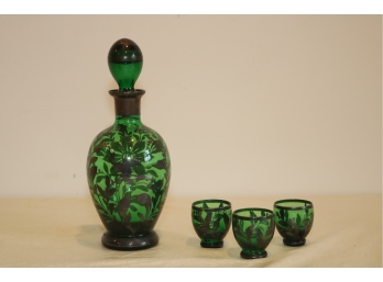 Vintage Hand Painted Green Glass Decanter And Glasses