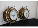 Vintage Pair Of  Watrous Nautical Brass Ships Wheel Clock And Barometer