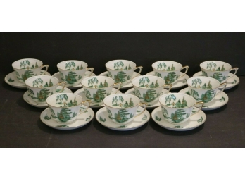 12 Vintage Narumi China MANCHU EMBOSSED Footed Cup & Saucer Set Occupied Japan