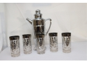 Silvertone Pitcher Decanter And 4 Glasses Vintage Barware