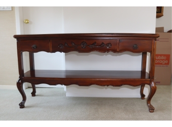 Vintage 3 Drawer Wooden Console Table Behind Couch