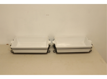 Pair Of White Casserole Dishes In Metal Stands