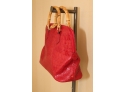 Red Printed Handbag With Bamboo Handles Cold Trim  NEW YORK PARIS TOKYO