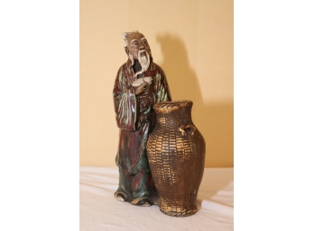 Antique Ceramic Japanese Man With Wicker Urn Figurine