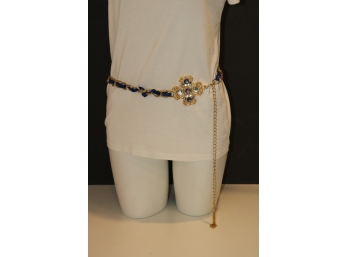 Gold And Blue Silk Metal Jeweled Belt