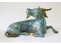 Vintage Chinese Bronze Cloisonne Enamel Cattle Oxen Bull Animal Statue