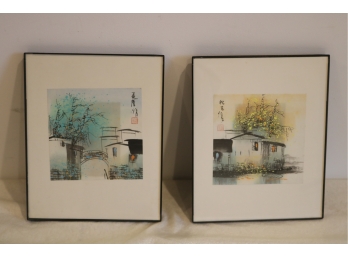 2 Framed Chinese Pictures Red Stamp