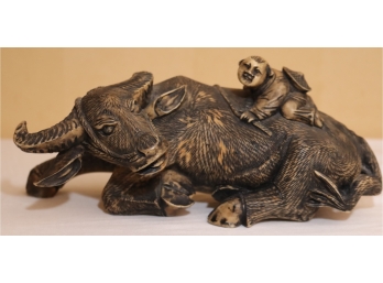 Antique Sleeping Ox With Chinese Boy Crawling On Back