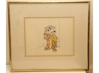 Vintage Framed  Pen & Ink Colored Drawing Pair Of Japanese Ladies By Bart G.