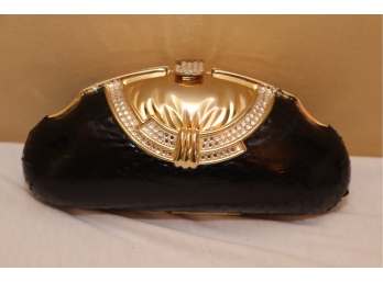 Black Hard Shell Evening Bag Gold Trim And Chain