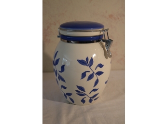 Inspirado By IDC Hand Painted Cookie Jar Made Of Stonelite, Blue Leaves On White